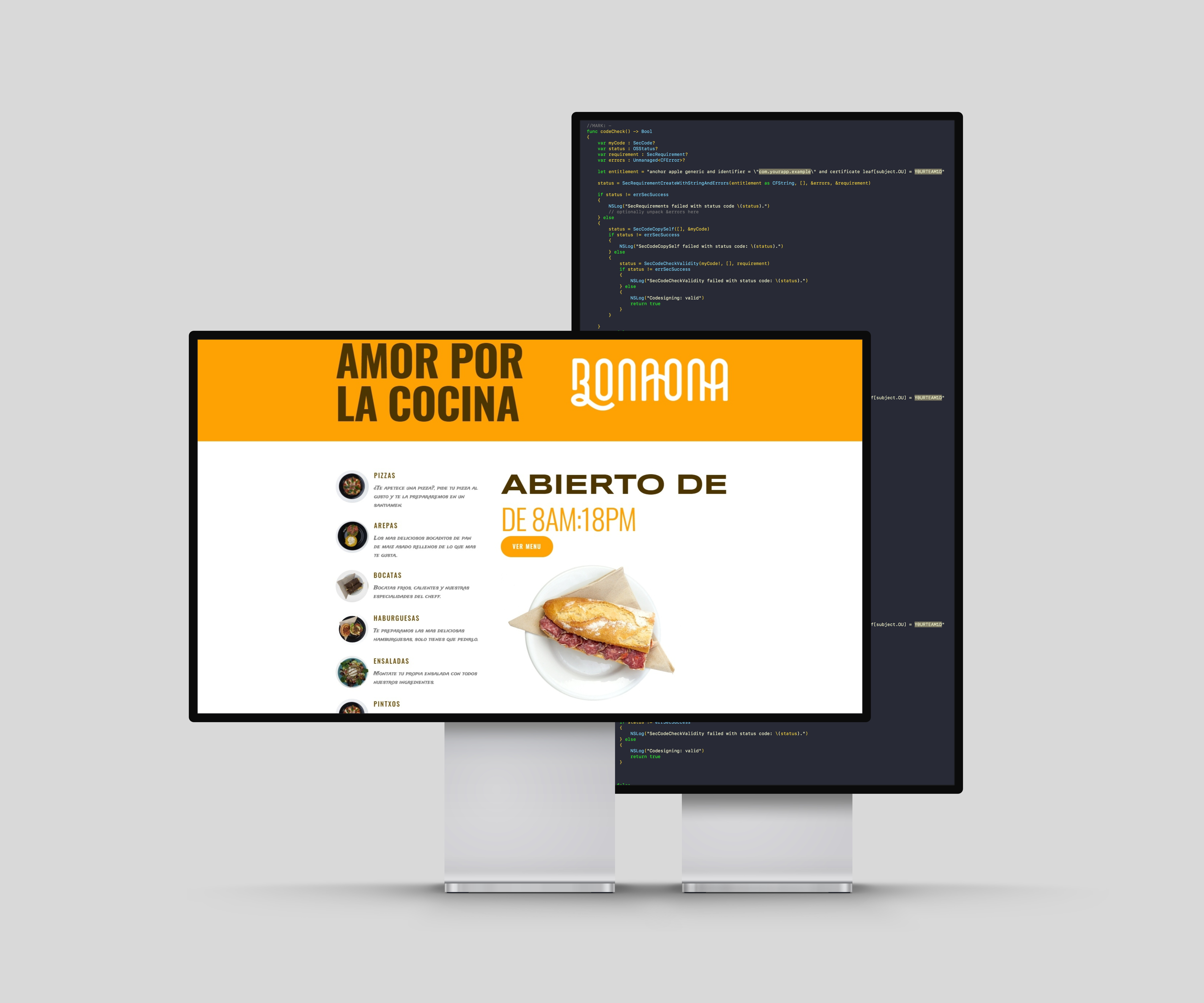 Web de BonaOna mostrada en pantallas de ordenador, con cabecera 'Amor por la cocina' y fotografía de producto