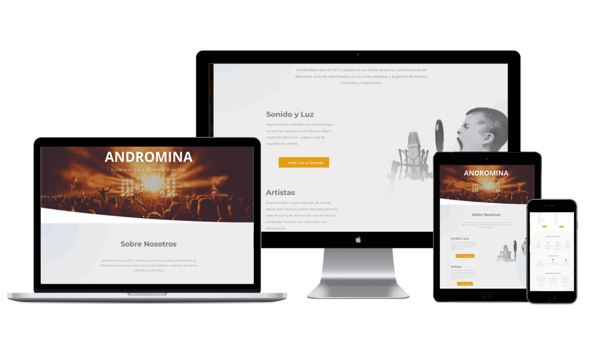 Mockup de la web de L'Andròmina mostrada en portátil, monitor, tablet y móvil