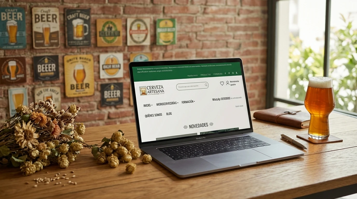 Composición de Cerveza Artesana, el Instituto de la Cerveza, sobre un portátil junto a una jarra de cerveza